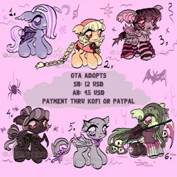 Size: 1200x1200 | Tagged: safe, artist:larvaecandy, derpibooru import, oc, unofficial characters only, bat, bat pony, butterfly, butterfly pony, earth pony, gargoyle, hybrid, insect, monster pony, original species, pony, spider, spiderpony, :3, :<, adoptable, bald, bat nose, bat pony oc, bat wings, beanbrows, big ears, big eyes, blonde mane, blonde tail, blood, blushing, body freckles, bow, braid, braided ponytail, braided tail, brown coat, brown eyes, brown mane, brown tail, cape, chibi, clothes, coat markings, colored eartips, colored eyebrows, colored hooves, colored muzzle, colored pinnae, colored wings, cross, cross necklace, dress, ear fluff, ear piercing, earring, earth pony oc, emanata, eye clipping through hair, eyebrows, eyebrows visible through hair, eyeshadow, facial markings, fangs, fishnet clothing, floppy ears, folded wings, freckles, frown, gargoyle pony, gray coat, gray tail, green coat, green mane, green tail, group, hair bun, hair over one eye, hairclip, hood, hoodie, image, jewelry, jpeg, leg fluff, leg freckles, leg warmers, leonine tail, lidded eyes, lipstick, long mane, long tail, makeup, mint coat, mouth hold, multicolored wings, multiple eyes, multiple legs, multiple limbs, neck bow, necklace, orange coat, piercing, pink background, pink eyes, ponytail, purple coat, purple eyes, red eyes, red sclera, scythe, sextet, shiny mane, shiny tail, shoes, short mane, simple background, skirt, skull earrings, smiling, sparkly wings, spider legs, standing, straight mane, straight tail, tail, tail bow, tail bun, text, tied mane, tied tail, torn ear, two toned mane, two toned tail, two toned wings, wall of tags, watermark, wingding eyes, wings