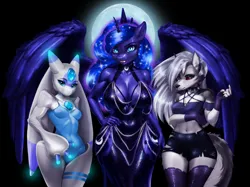 Size: 3018x2260 | Tagged: suggestive, artist:polnocnykot, derpibooru import, nightmare moon, princess luna, alicorn, anthro, demon, hellhound, absolute cleavage, belly, belly button, big breasts, blue eyes, bodysuit, breasts, bust, butt, chains, chest fluff, choker, cleavage, clothes, collar, colored sclera, crescent moon, crossed arms, crossover, crown, cute, dress, ear fluff, ear piercing, evening, evening dress, eyebrows, eyelashes, eyeshadow, feather, feathered wings, featureless breasts, female, females only, fetish, fishtail dress meme, fluffy, fluffy tail, glow, glowing eyes, gray fur, hair, hellaverse, hellborn, helluva boss, horn, image, jewelry, jpeg, large butt, legwear, leotard, lidded eyes, looking at you, loona (helluva boss), lunaris, makeup, meme, moon, night, palworld, pants, piercing, pose, regalia, ripped pants, ripping clothes, seductive, sexy, short shirt, simple background, smiling, smiling at you, smug, socks, spiked choker, spiked collar, spikes, spread wings, standing, stars, stockings, swimsuit, tail, teeth, thigh highs, thighs, thunder thighs, topwear, torn clothes, torn ear, trio, trio female, wide hips, wings
