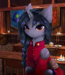 Size: 3802x4416 | Tagged: safe, artist:empress-twilight, derpibooru import, oc, unofficial characters only, pony, barrel, candle, chair, flag of equestria, image, png, solo, table