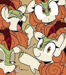 Size: 1909x2164 | Tagged: safe, artist:icey, derpibooru import, autumn blaze, kirin, :<, eyes closed, fangs, fire, fire breath, image, looking at you, open mouth, png, solo, waving, yawn