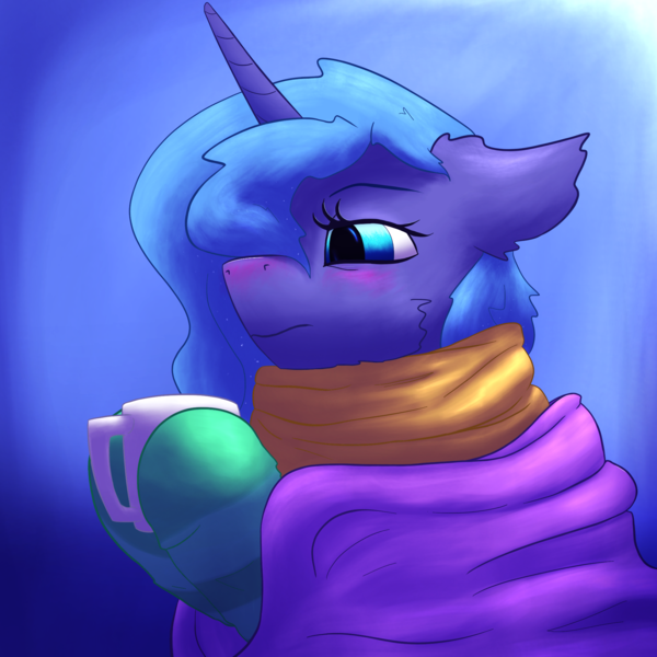 Size: 2000x2000 | Tagged: safe, artist:gosha305, derpibooru import, princess luna, pony, blanket, blue background, blushing, bust, cheek fluff, clothes, cute, female, g4, hoof hold, horn, image, mare, mug, png, portrait, red nose, scarf, sick, simple background, socks, solo, tired