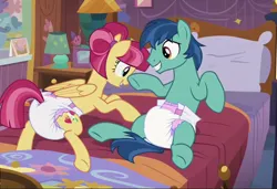 Size: 1216x832 | Tagged: suggestive, ai content, derpibooru import, machine learning generated, oc, earth pony, pegasus, pony, bed, bedroom, diaper, diaper fetish, duo, female, fetish, image, jpeg, male, mare, show accurate, stallion