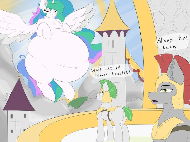 Size: 4000x3000 | Tagged: suggestive, artist:astrum, derpibooru import, part of a set, princess celestia, alicorn, earth pony, pony, armor, armored pony, balcony, belly, belly button, big belly, canterlot, chubbylestia, dialogue, digital art, ear fluff, eclipse, ethereal mane, ethereal tail, eyes closed, fat, female, floating, flying, giant pony, giantess, giantlestia, huge belly, image, lidded eyes, macro, meme, missing accessory, mountain, mountain range, obese, png, rear view, royal guard, smiling, solar eclipse, spread wings, tail, talking, thighs, thunder thighs, wings