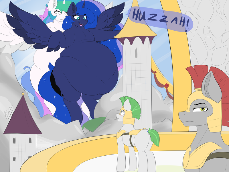 Size: 4000x3000 | Tagged: suggestive, artist:astrum, derpibooru import, part of a set, princess celestia, princess luna, alicorn, earth pony, pony, angry, annoyed, armor, armored pony, balcony, belly, belly button, big belly, blushing, canterlot, chubbylestia, dialogue, digital art, ear fluff, eclipse, ethereal mane, ethereal tail, fangs, fat, female, floating, flying, giant pony, giantess, huge belly, huzzah, image, lidded eyes, luna eclipsing celestia, macro, meme, missing accessory, mountain, mountain range, obese, open mouth, open smile, png, princess moonpig, rear view, royal guard, royal sisters, siblings, sisters, smiling, solar eclipse, spread wings, starry mane, tail, talking, thighs, thunder thighs, wings