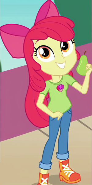 Size: 600x1200 | Tagged: safe, ai content, machine learning generated, apple bloom, equestria girls, bow, child, clothes, cutie mark, cutie mark on clothes, female, food, hair bow, image, jeans, pants, pear, png, shirt, shoes, smiling, street, t-shirt, underage