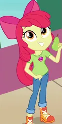 Size: 600x1200 | Tagged: safe, ai content, machine learning generated, apple bloom, equestria girls, bow, child, clothes, cutie mark, cutie mark on clothes, female, food, hair bow, image, jeans, pants, pear, png, shirt, shoes, smiling, street, t-shirt, underage