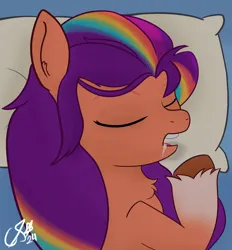 Size: 4614x4980 | Tagged: safe, artist:cobaltskies002, derpibooru import, sunny starscout, earth pony, pony, g5, chest fluff, drool, ear fluff, female, image, mane stripe sunny, mare, open mouth, pillow, png, signature, sleeping, solo, unshorn fetlocks