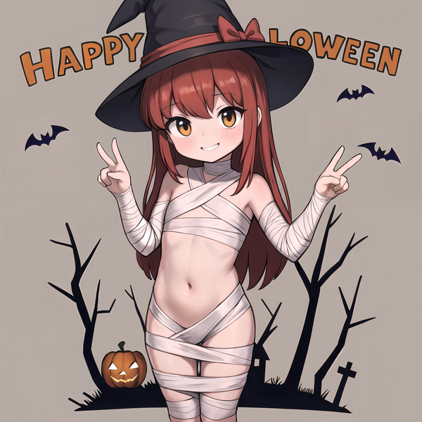 Size: 2304x2304 | Tagged: questionable, ai content, banned from derpibooru, machine learning generated, apple bloom, bat, human, bandage, child, female, halloween, hat, holiday, humanized, image, lolicon, mummy, peace sign, png, pumpkin, simple background, text, underage, witch hat