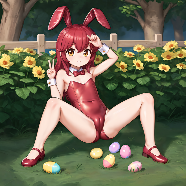 Size: 2200x2200 | Tagged: questionable, machine learning generated, stable diffusion, apple bloom, human, blushing, bowtie, breasts, bunny ears, bunny suit, busty apple bloom, cameltoe, cleavage, clothes, easter, easter egg, flower, high heels, holiday, humanized, image, looking at you, older, older apple bloom, open mouth, outdoors, playboy bunny, playboy bunny apple bloom, png, shoes, solo, sunflower, tree