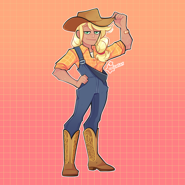 Size: 3000x3000 | Tagged: safe, artist:3ggmilky, derpibooru import, applejack, human, abstract background, applejack's hat, bandaid, boots, clothes, cowboy boots, cowboy hat, female, flannel, freckles, gradient background, hat, humanized, image, overalls, png, shirt, shoes, solo