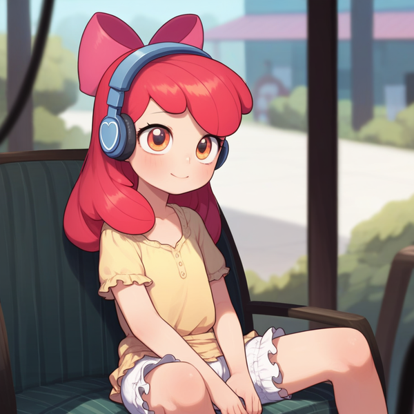 Size: 1024x1024 | Tagged: safe, ai content, machine learning generated, apple bloom, human, bow, clothes, female, hair bow, headphones, humanized, image, png, shorts, sitting