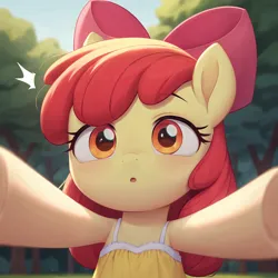 Size: 1024x1024 | Tagged: safe, ai content, machine learning generated, apple bloom, earth pony, pony, bow, clothes, dress, female, filly, hair bow, image, offscreen character, png, pov