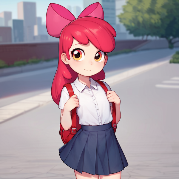 Size: 1024x1024 | Tagged: safe, ai content, machine learning generated, apple bloom, human, backpack, bow, child, clothes, female, hair bow, humanized, image, png, school uniform, shirt, skirt, solo, solo female, street, t-shirt, underage