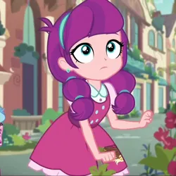 Size: 1024x1024 | Tagged: safe, ai content, machine learning generated, lily longsocks, equestria girls, child, clothes, cutie mark, cutie mark on clothes, dress, female, flower, image, outdoors, png, street, underage