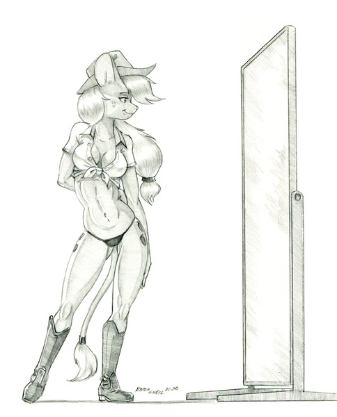 Size: 1050x1301 | Tagged: suggestive, artist:baron engel, derpibooru import, applejack, anthro, mouse, applejack's hat, bikini, bikini bottom, boots, clothes, cowboy hat, female, front knot midriff, hat, image, jpeg, midriff, mirror, monochrome, mousified, pencil drawing, shoes, solo, species swap, story included, swimsuit, traditional art