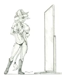 Size: 1050x1301 | Tagged: suggestive, artist:baron engel, derpibooru import, applejack, anthro, mouse, applejack's hat, bikini, bikini bottom, boots, clothes, cowboy hat, female, front knot midriff, hat, image, jpeg, midriff, mirror, monochrome, mousified, pencil drawing, shoes, solo, species swap, story included, swimsuit, traditional art