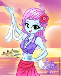 Size: 2015x2490 | Tagged: safe, artist:rjp.rammy, derpibooru import, oc, oc:shimmy, equestria girls, belly, belly button, cruise ship, eyebrows, female, g4, image, jewelry, lidded eyes, midriff, necklace, ocean, png, slender, solo, thin, water