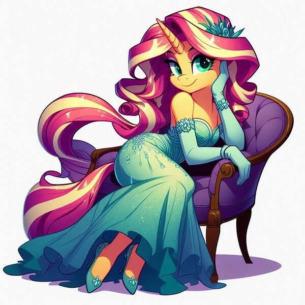 Size: 1024x1024 | Tagged: safe, ai content, derpibooru import, machine learning generated, prompter:glimmy-glam, sunset shimmer, anthro, chair, clothes, dress, evening gloves, g4, generator:dall-e 3, gloves, hand on face, high heels, image, jpeg, long gloves, off shoulder, shoes, side view, simple background, smiling, solo, stiletto heels
