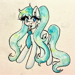 Size: 3024x3024 | Tagged: safe, artist:mylittleyuri, derpibooru import, ponified, earth pony, pony, anime, blush lines, blushing, female, hatsune miku, high res, image, jpeg, looking at you, mare, necktie, smiling, smiling at you, solo, traditional art, vocaloid, watercolor painting