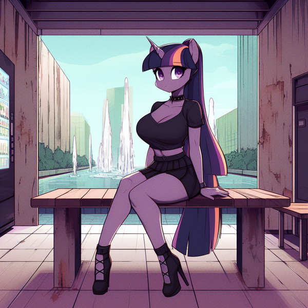 Size: 1024x1024 | Tagged: safe, ai content, derpibooru import, machine learning generated, twilight sparkle, anthro, unicorn, adorasexy, bench, big breasts, breasts, busty twilight sparkle, cleavage, clothes, collar, curvy, cute, female, fountain, g4, high heels, horn, hourglass figure, image, png, prompter:horselover fat, sexy, shoes, short shirt, sitting, skirt, solo, tiled floor, vending machine