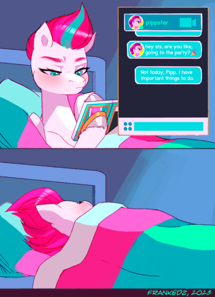 Size: 1080x1492 | Tagged: safe, artist:frank3dz, derpibooru import, zipp storm, pegasus, pony, g5, 2 panel comic, bed, comic, female, hoof hold, image, implied pipp petals, mare, mobile phone, on bed, phone, png, sleeping, smartphone, solo, text message