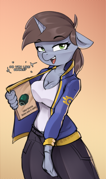 Size: 1790x3018 | Tagged: questionable, artist:felixf, derpibooru import, oc, oc:littlepip, unofficial characters only, anthro, unicorn, fallout equestria, anthro oc, blazing sands of zebrika universe, book, breasts, cleavage, clothes, fallout, gradient background, green eyes, horn, image, looking at you, png, solo, sweater, unicorn oc, zebra supremacy