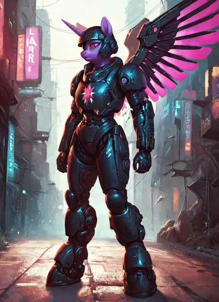 Size: 1024x1408 | Tagged: safe, ai content, derpibooru import, machine learning generated, prompter:star-dragon, stable diffusion, twilight sparkle, anthro, cyborg, unicorn, armor, artificial wings, augmented, city, cybernetic eyes, cyberpunk, g4, generator:pony diffusion v6 xl, horn, image, mechanical wing, png, street, wings