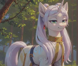 Size: 1128x960 | Tagged: prompter needed, source needed, safe, ai content, derpibooru import, machine learning assisted, machine learning generated, stable diffusion, unicorn, clothes, crossover, forest, frieren, generator:pony diffusion v6 xl, green eyes, horn, image, nature, png, tree, white coat