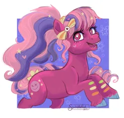 Size: 863x819 | Tagged: dead source, source needed, useless source url, safe, artist:sprinklefest, ponerpics import, ponybooru import, earth pony, pony, 2021, abstract background, female, freckles, hair accessory, image, looking at you, mare, open mouth, open smile, passepartout, png, ponytail, rearing, side view, smiling, smiling at you, unshorn fetlocks