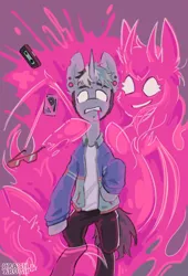 Size: 2268x3339 | Tagged: safe, artist:crashbrush, derpibooru import, oc, demon, demon pony, original species, pony, unicorn, blood, clothes, duo, ear piercing, high res, horn, horns, image, jacket, jewelry, magic, male, multicolored mane, piercing, pink blood, png, smiling, stallion, tricolor mane, white eyes, wings