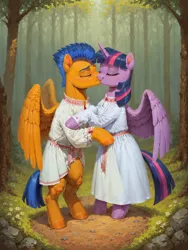 Size: 1536x2048 | Tagged: safe, ai content, derpibooru import, machine learning assisted, machine learning generated, flash sentry, twilight sparkle, twilight sparkle (alicorn), alicorn, pegasus, pony, semi-anthro, clothes, dress, duo, female, flashlight, forest, forest background, g4, high res, hug, image, kiss on the lips, kissing, male, png, promter:oranzinispegasiukas, shipping, straight, tree