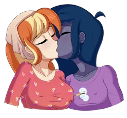 Size: 2200x2044 | Tagged: suggestive, artist:nok_2, derpibooru import, oc, oc:mandarine mélange, oc:n0kkun, unofficial characters only, equestria girls, blushing, clothes, cute, g4, image, kissing, pajamas, png