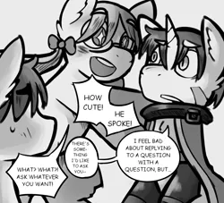 Size: 1100x1000 | Tagged: safe, artist:thesparkleadsh, derpibooru import, ponified, earth pony, pony, unicorn, clothes, colt, female, filly, foal, grayscale, horn, image, jpeg, made in abyss, male, manga, monochrome, reg (made in abyss), riko, speech bubble, starry eyes, text, wingding eyes
