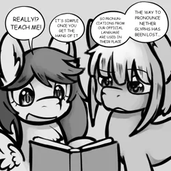 Size: 1000x1000 | Tagged: safe, artist:thesparkleadsh, derpibooru import, ponified, earth pony, pony, book, female, filly, foal, grayscale, image, jpeg, made in abyss, manga, mitty, monochrome, nanachi, speech bubble, text