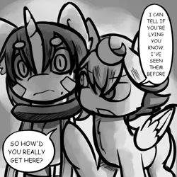 Size: 1000x1000 | Tagged: safe, artist:thesparkleadsh, derpibooru import, ponified, pegasus, pony, clothes, colt, female, filly, foal, grayscale, image, jpeg, made in abyss, male, manga, monochrome, prushka, reg (made in abyss), speech bubble, text