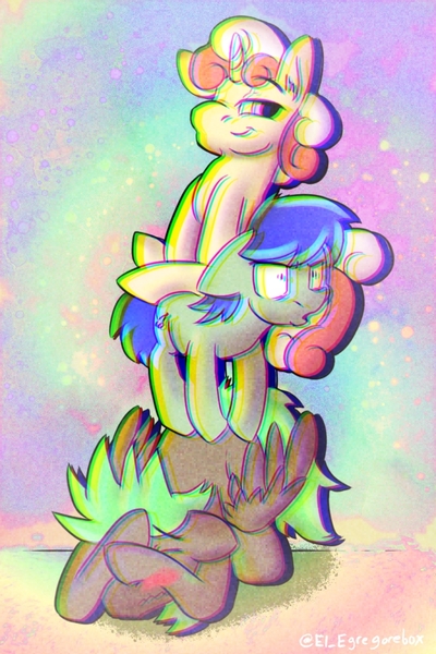 Size: 900x1350 | Tagged: safe, artist:gorebox, derpibooru import, oc, oc:health nut, oc:pop flare, oc:surf smoothie, earth pony, pegasus, pony, blushing, chromatic aberration, embarrassed, gay, image, jpeg, male, rainbow, smug, stack, stallion, stallion oc, stallion on stallion, straining, trippy