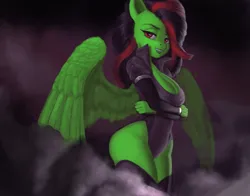 Size: 1280x1001 | Tagged: safe, artist:dclzexon, derpibooru import, oc, anthro, pegasus, crossed arms, fangs, female, female oc, g4, image, pegasus oc, png, red eyes, spread wings, wings