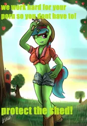 Size: 650x943 | Tagged: suggestive, artist:venauva, derpibooru import, edit, oc, oc:vizia, unofficial characters only, anthro, unicorn, belly button, broken horn, clothes, daisy dukes, horn, image, jpeg, midriff, shorts, sweat, text, text edit