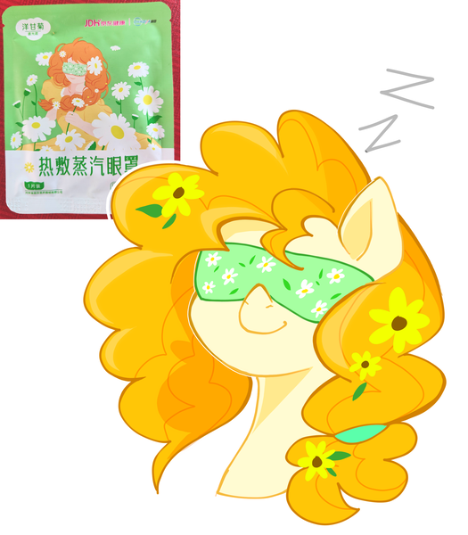 Size: 2688x3071 | Tagged: safe, artist:mogu862943, derpibooru import, pear butter, earth pony, pony, bust, female, flower, flower in hair, image, mare, onomatopoeia, png, portrait, reference used, simple background, sleep mask, sleeping, solo, sound effects, white background, zzz