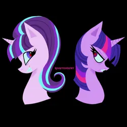 Size: 2000x2000 | Tagged: safe, artist:redactedhaunt, derpibooru import, starlight glimmer, twilight sparkle, pony, unicorn, alternate universe, black background, colored pinnae, colored pupils, duo, eyebrows, eyebrows visible through hair, female, frown, high res, horn, image, lesbian, lineless, looking at each other, looking at someone, png, ponytail, profile, red pupils, s5 starlight, sharp teeth, ship:twistarlight, shipping, signature, simple background, smiling, teeth, tied mane, unicorn twilight, wingding eyes