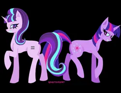 Size: 2600x2000 | Tagged: safe, artist:redactedhaunt, derpibooru import, starlight glimmer, twilight sparkle, pony, unicorn, alternate universe, black background, concave belly, cross-popping veins, duo, emanata, eyebrows, eyelashes, female, furrowed brow, high res, horn, image, lesbian, lineless, looking at each other, looking at someone, mare, png, raised hoof, s5 starlight, ship:twistarlight, shipping, side view, simple background, slender, standing on two hooves, teeth, thin, unicorn twilight