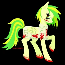 Size: 2000x2000 | Tagged: safe, artist:redactedhaunt, derpibooru import, oc, oc:wooden toaster, unofficial characters only, pegasus, pony, fanfic:rainbow factory, black background, blood, blood on face, bloody hooves, colored eyebrows, colored pinnae, colored pupils, creepypasta, fanfic art, high res, image, narrowed eyes, pegasus oc, png, profile, raised hoof, red pupils, signature, simple background, solo, tail, two toned mane, two toned tail, wingding eyes, wings