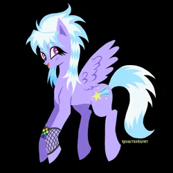 Size: 2000x2000 | Tagged: safe, artist:redactedhaunt, derpibooru import, cloudchaser, pegasus, pony, alternate hairstyle, background pony, black background, blushing, bracelet, colored pinnae, countershading, eyebrows, eyebrows visible through hair, female, fishnet clothing, g4, image, jewelry, lineless, mare, open mouth, open smile, png, scene, scene hair, simple background, smiling, solo, spread wings, starry eyes, tail, two toned mane, two toned tail, wingding eyes, wings