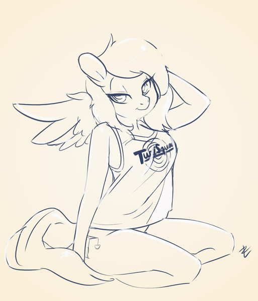 Size: 800x935 | Tagged: source needed, safe, artist:lizombie, derpibooru import, oc, anthro, pegasus, arm behind head, female, female oc, image, monochrome, nudity, partial nudity, pegasus oc, png, signature, sitting, sketch, solo, space jam, sports outfit, spread wings, wings