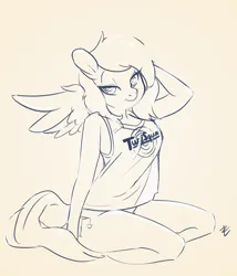 Size: 800x935 | Tagged: source needed, safe, artist:lizombie, derpibooru import, oc, anthro, pegasus, arm behind head, female, female oc, image, monochrome, nudity, partial nudity, pegasus oc, png, signature, sitting, sketch, solo, space jam, sports outfit, spread wings, wings