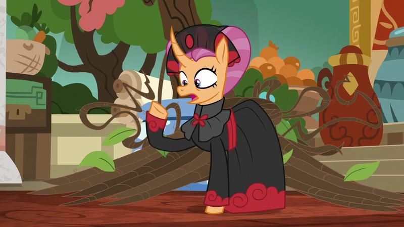 Size: 1280x719 | Tagged: safe, derpibooru import, edit, edited screencap, screencap, sable spirit, pony, unicorn, campfire tales, clothes, curved horn, empress sable spirit, female, g4, horn, image, mare, open mouth, png, raised hoof, solo, solo female, surprised, young sable spirit