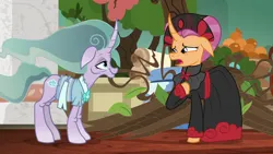 Size: 1280x720 | Tagged: safe, derpibooru import, edit, edited screencap, screencap, mistmane, sable spirit, pony, unicorn, campfire tales, clothes, curved horn, duo, empress sable spirit, female, floppy ears, g4, hoof on chest, horn, image, mare, open mouth, png, smiling, touched, young sable spirit