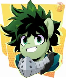 Size: 1896x2236 | Tagged: safe, artist:joaothejohn, derpibooru import, ponified, pony, anime, bust, clothes, cute, fanart, freckles, grin, image, izuku midoriya, jpeg, looking at you, male, my hero academia, portrait, simple background, smiling, solo