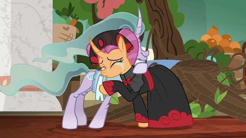 Size: 1280x720 | Tagged: safe, derpibooru import, edit, edited screencap, screencap, mistmane, sable spirit, pony, campfire tales, clothes, crying, curved horn, cute, daaaaaaaaaaaw, duo, empress sable spirit, female, g4, horn, hug, image, mare, png, smiling, tears of joy, young sable spirit