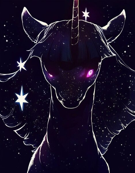 Size: 800x1024 | Tagged: safe, ai content, derpibooru import, machine learning generated, prompter:enterusxrname, stable diffusion, twilight sparkle, unicorn, badass, dark, front view, g4, generator:ponydiffusion, generator:purplesmart.ai, image, jpeg, metal as fuck, one punch man, silhouette, solo, stars, twilight snapple, unicorn twilight, xk-class end-of-the-world scenario